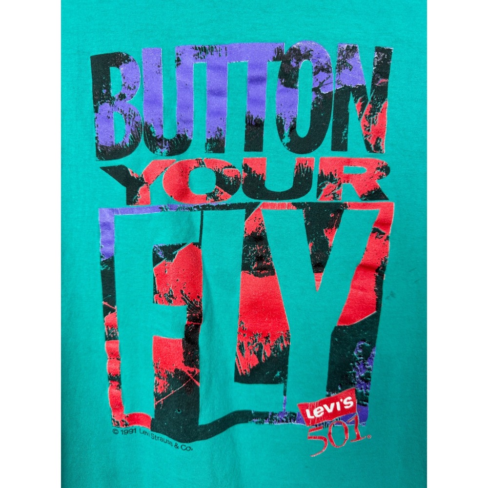 Levi's Men 100% Cotton T-Shirt XL Teal Button Your‎ Fly Vintage 1991 Graphic Tee - Picture 9 of 10